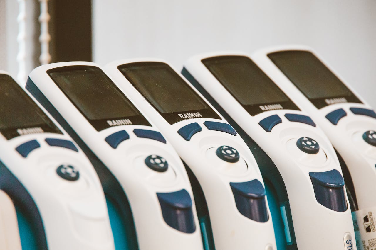 Close-up of medical devices lined in a row, showcasing technology and design.